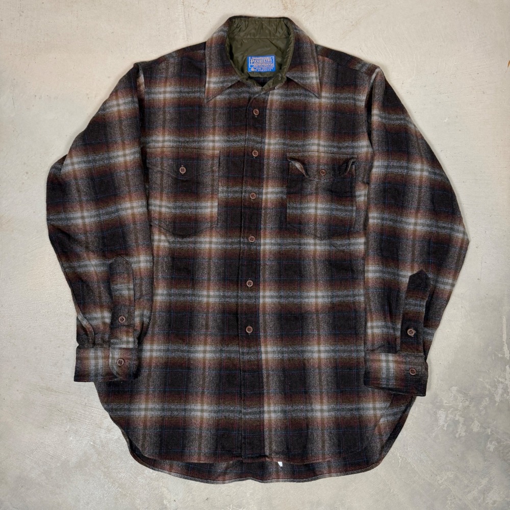 Vintage Pendleton Wool Shadow Plaid Shirt Large Brown Grey Ombre Made in USA